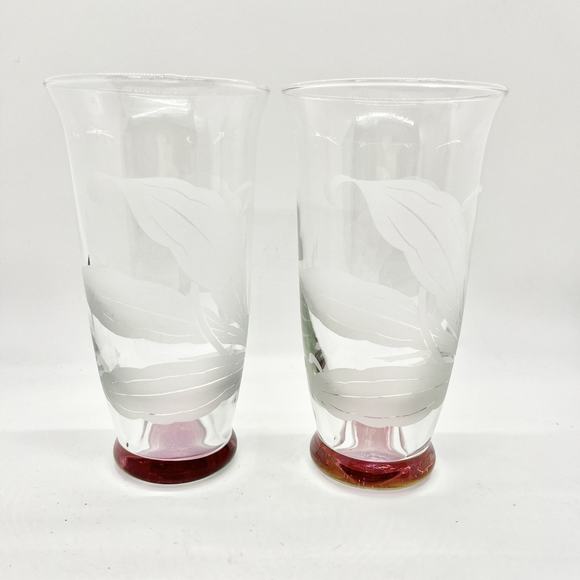 2 Vtg Clear Glass Highball Glasses Frosted Floral Unique Red Bases Barware Drink - Picture 1 of 6